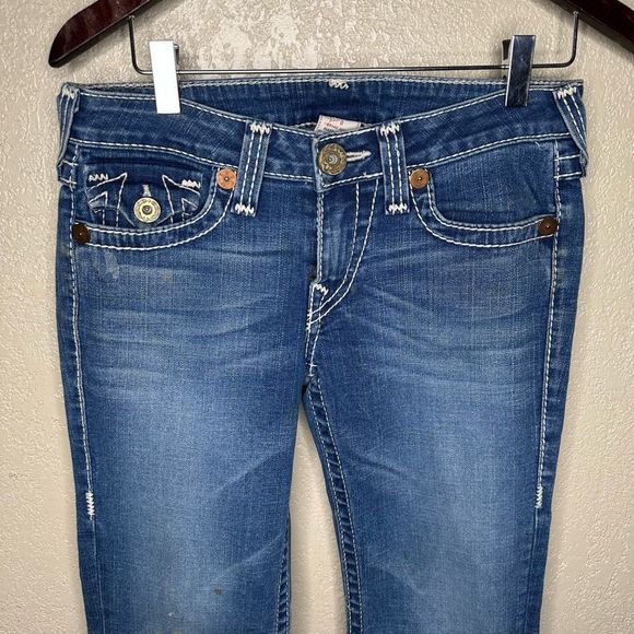 True Religion Billy Stretch Denim Blue Jeans Pocket Flaps Womens Size 28 x 34 - Picture 2 of 8
